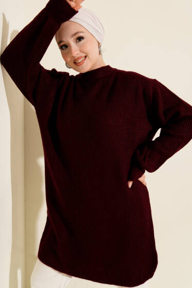 Selanik Örgü Yumoş Triko Tunik Bordo - Tunik