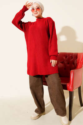 Selanik Örgü Yumoş Triko Tunik Kırmızı - Tunik