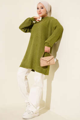 Selanik Örgü Yumoş Triko Tunik Yağ Yeşili - Tunik