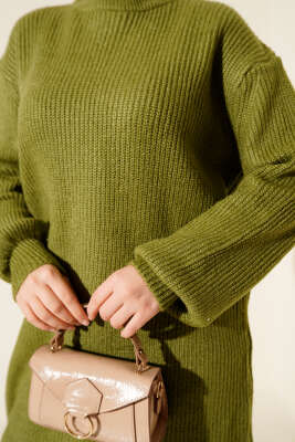 Selanik Örgü Yumoş Triko Tunik Yağ Yeşili - Tunik