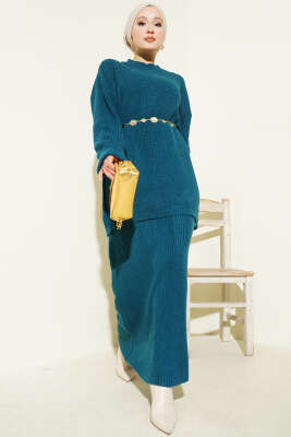 Selanik Örgülü Etekli Triko İkili Takım Petrol - RAFİMİX