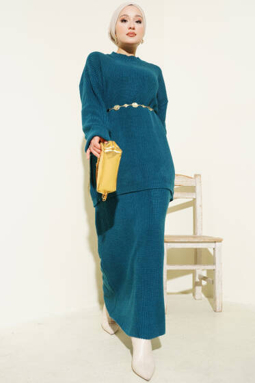 Selanik Örgülü Etekli Triko İkili Takım Petrol - İkili Takım