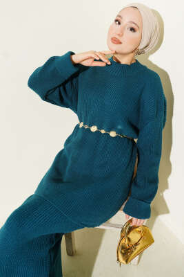 Selanik Örgülü Etekli Triko İkili Takım Petrol - İkili Takım