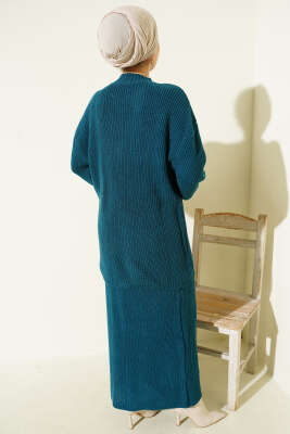 Selanik Örgülü Etekli Triko İkili Takım Petrol - İkili Takım