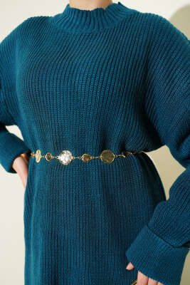 Selanik Örgülü Etekli Triko İkili Takım Petrol - İkili Takım