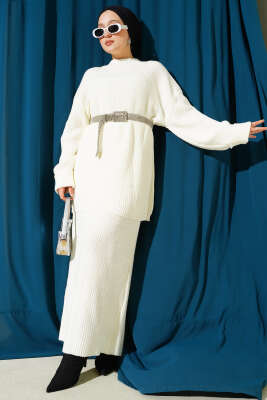 Selanik Örgülü Etekli Triko İkili Takım Ekru - RAFİMİX