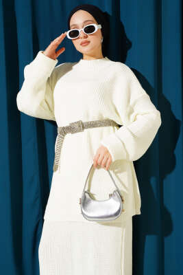 Selanik Örgülü Etekli Triko İkili Takım Ekru - İkili Takım