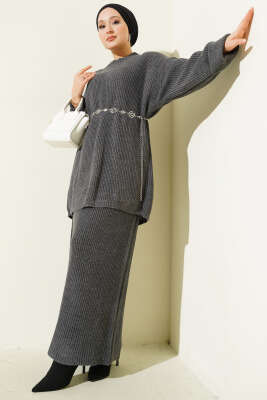 Selanik Örgülü Etekli Triko İkili Takım Füme - RAFİMİX