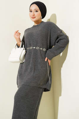 Selanik Örgülü Etekli Triko İkili Takım Füme - İkili Takım