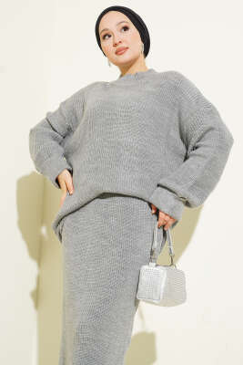 Selanik Örgülü Etekli Triko İkili Takım Gri - RAFİMİX