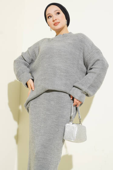 Selanik Örgülü Etekli Triko İkili Takım Gri - İkili Takım