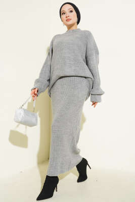 Selanik Örgülü Etekli Triko İkili Takım Gri - İkili Takım