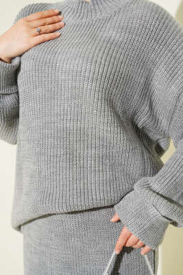 Selanik Örgülü Etekli Triko İkili Takım Gri - İkili Takım