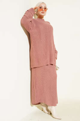 Selanik Örgülü Etekli Triko İkili Takım Gül Kurusu - RAFİMİX