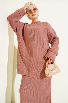 Selanik Örgülü Etekli Triko İkili Takım Gül Kurusu - İkili Takım