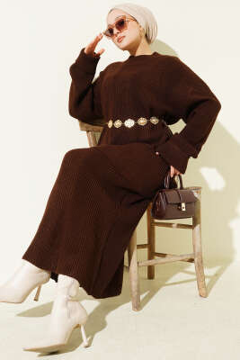 Selanik Örgülü Etekli Triko İkili Takım Kahve - RAFİMİX