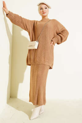 Selanik Örgülü Etekli Triko İkili Takım Latte - RAFİMİX