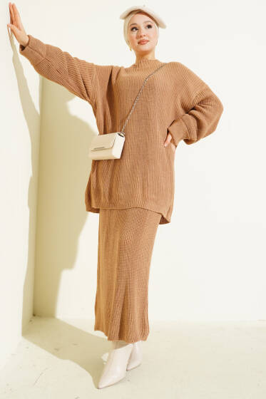 Selanik Örgülü Etekli Triko İkili Takım Latte - İkili Takım