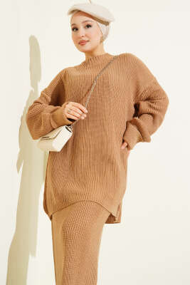 Selanik Örgülü Etekli Triko İkili Takım Latte - İkili Takım