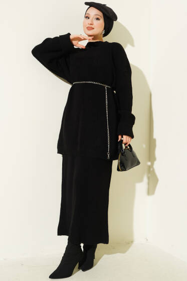 Selanik Örgülü Etekli Triko İkili Takım Siyah - İkili Takım