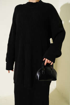 Selanik Örgülü Etekli Triko İkili Takım Siyah - İkili Takım