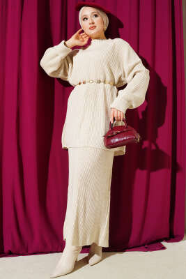 Selanik Örgülü Etekli Triko İkili Takım Taş - RAFİMİX