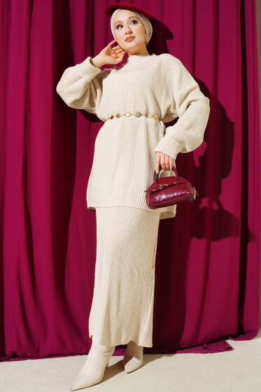 Selanik Örgülü Etekli Triko İkili Takım Taş - İkili Takım