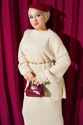 Selanik Örgülü Etekli Triko İkili Takım Taş - İkili Takım