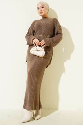 Selanik Örgülü Etekli Triko İkili Takım Vizon - RAFİMİX