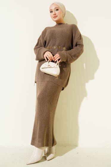 Selanik Örgülü Etekli Triko İkili Takım Vizon - İkili Takım