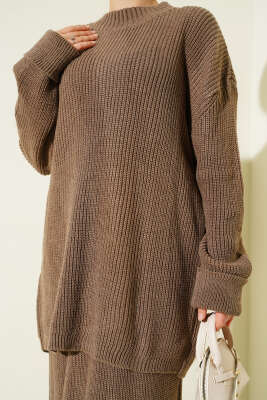 Selanik Örgülü Etekli Triko İkili Takım Vizon - İkili Takım