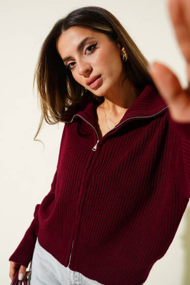 Selanik Örgülü Fermuarlı Hırka Bordo - Kadın Giyim Modelleri