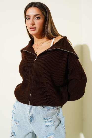 Selanik Örgülü Fermuarlı Hırka Kahve - Kadın Giyim Modelleri
