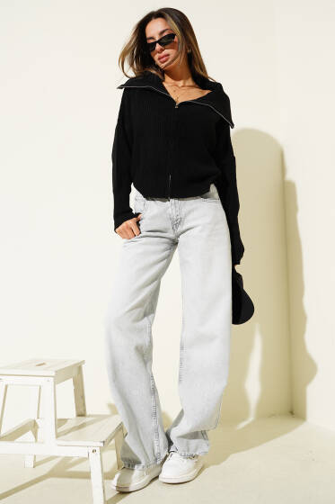 Selanik Örgülü Fermuarlı Hırka Siyah - Kadın Giyim Modelleri