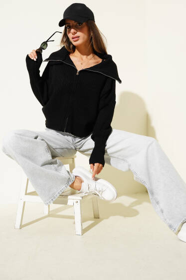 Selanik Örgülü Fermuarlı Hırka Siyah - Kadın Giyim Modelleri