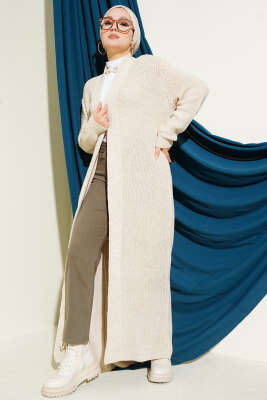 Selanik Örgülü Uzun Triko Hırka Bej 