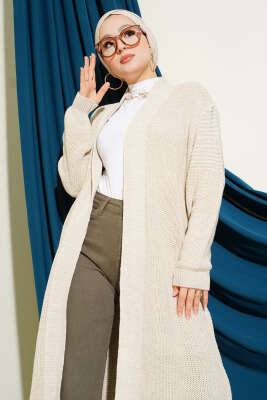 Selanik Örgülü Uzun Triko Hırka Bej - Hırka