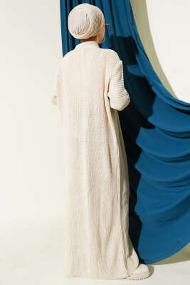 Selanik Örgülü Uzun Triko Hırka Bej - Hırka