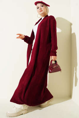 Selanik Örgülü Uzun Triko Hırka Bordo 