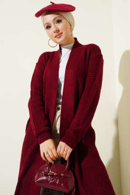 Selanik Örgülü Uzun Triko Hırka Bordo - Hırka