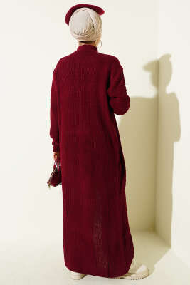 Selanik Örgülü Uzun Triko Hırka Bordo - Hırka