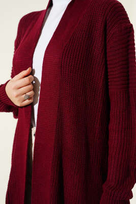 Selanik Örgülü Uzun Triko Hırka Bordo - Hırka