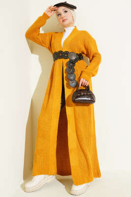 Selanik Örgülü Uzun Triko Hırka Camel 