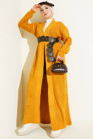 Selanik Örgülü Uzun Triko Hırka Camel - Hırka