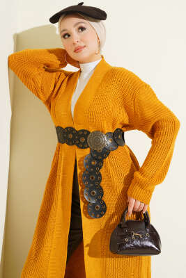 Selanik Örgülü Uzun Triko Hırka Camel - Hırka