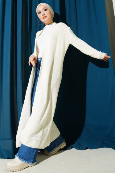 Selanik Örgülü Uzun Triko Hırka Ekru - Hırka