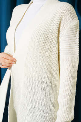 Selanik Örgülü Uzun Triko Hırka Ekru - Hırka