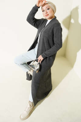 Selanik Örgülü Uzun Triko Hırka Füme 