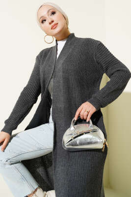 Selanik Örgülü Uzun Triko Hırka Füme - Hırka