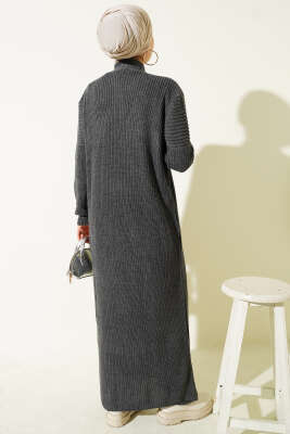 Selanik Örgülü Uzun Triko Hırka Füme - Hırka